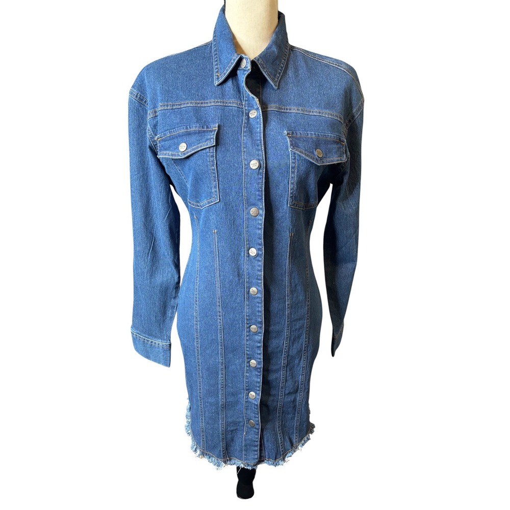 Jolie & Joy Jeans Womens Blue Denim Button Front Mini Shirt Dress Raw Hem Size L